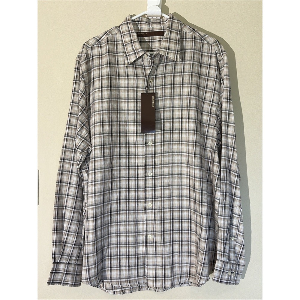 Perry Ellis 100% Linen Plaid Long Sleeve Button Up Shirt Mens XL NEW NWT SANDBAR